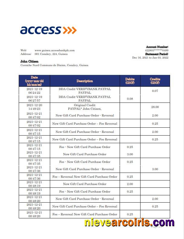 Guinea Access bank statement, Word and PDF format